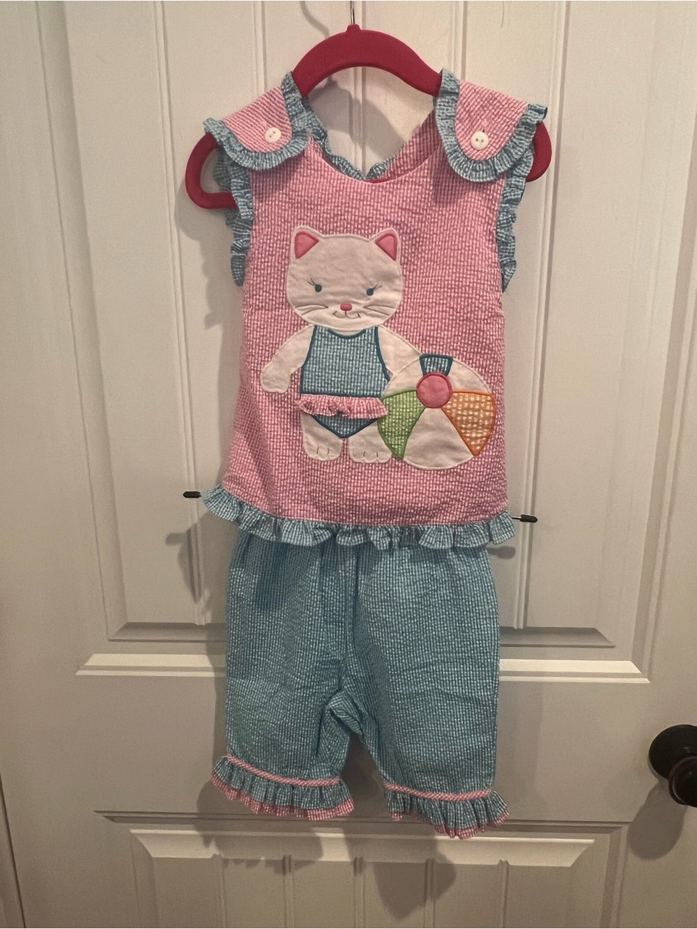 Girls Pink and Blue Cat Applique Pajama Set by